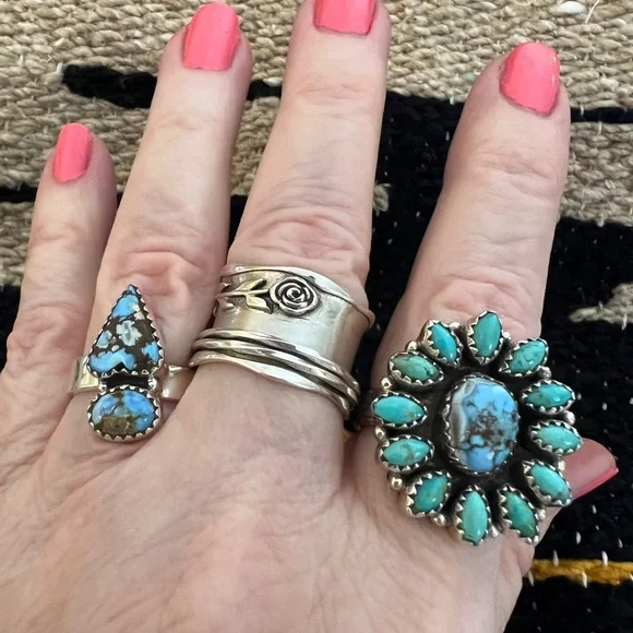 ❤️ Golden Hills Turquoise 925 Southwestern Navajo 2 Stone Adj Ring 6.2gm Unisex - Picture 16 of 16